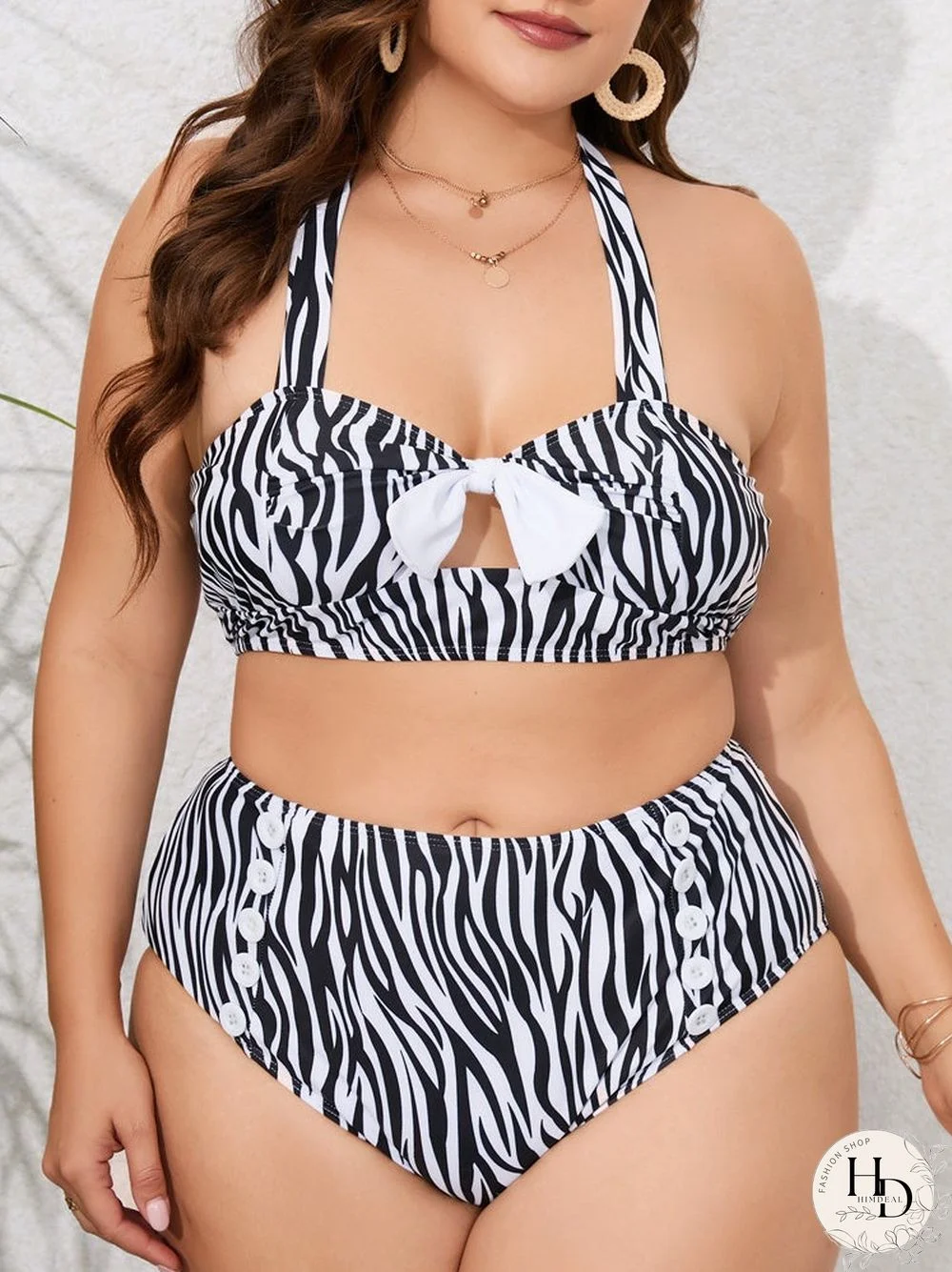 Plus Size Zebra Striped Button Print Bikini Set