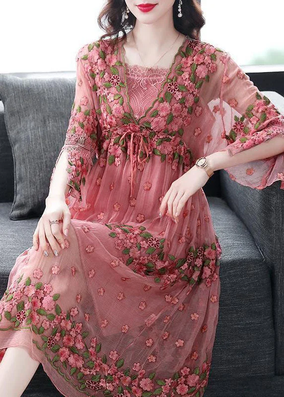 Beautiful Pink Embroideried Lace Up Silk Robe Dresses Flare Sleeve