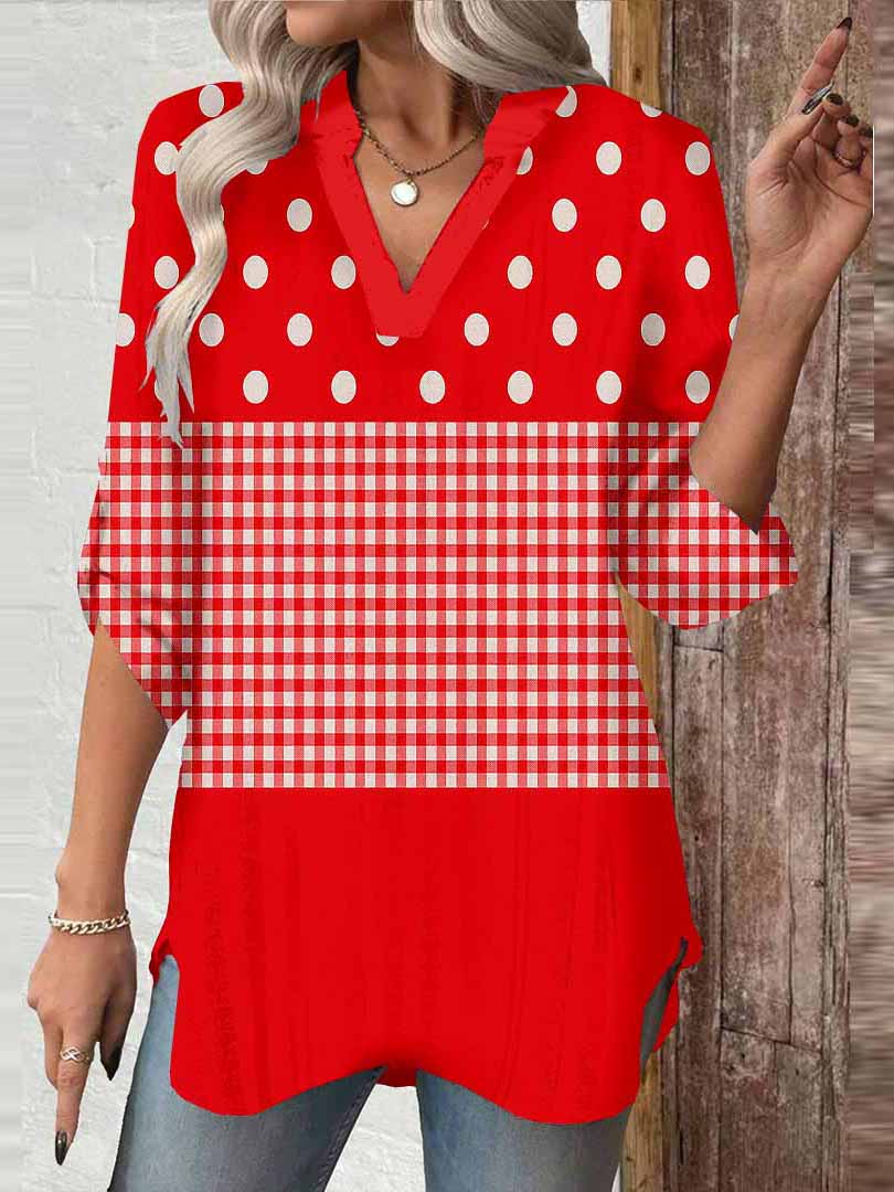 Women Striped,Polka-Dot,Red DZGA0303 3/4 Sleeve V-neck Printed Graphic Button Tops