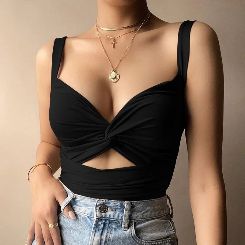 Sexy Women Hollow Out Bandage Short Style Tank Tops V-Neck Solid Sleeveless Backless Ladies Summer Casual Slim Vest Female
