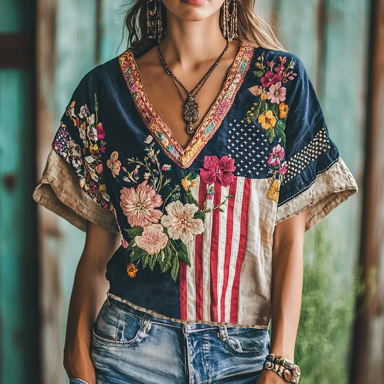 Women's Independence Day Flag Floral Embroidered V-neck Linen Blend T-shirt
