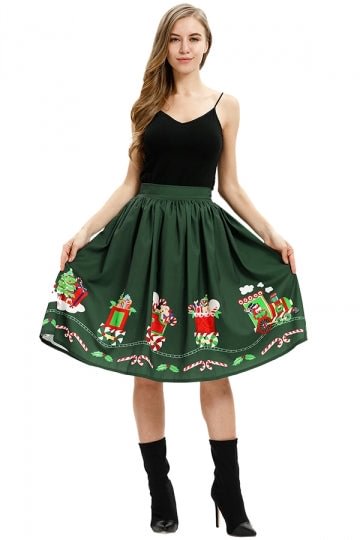 High Waisted Gift Print Midi Christmas Pleated Skirt Dark Green-elleschic