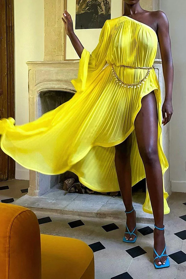 Solid Color Unique High Split Pleated Midi Dress