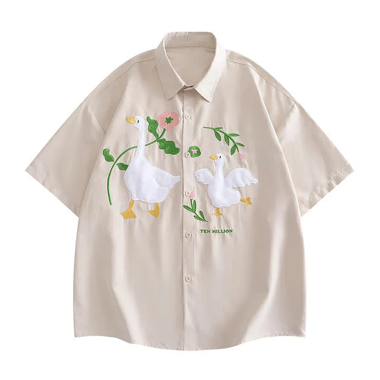 Cartoon Duck Embroidery Short Sleeve Loose T-Shirt - Modakawa modakawa