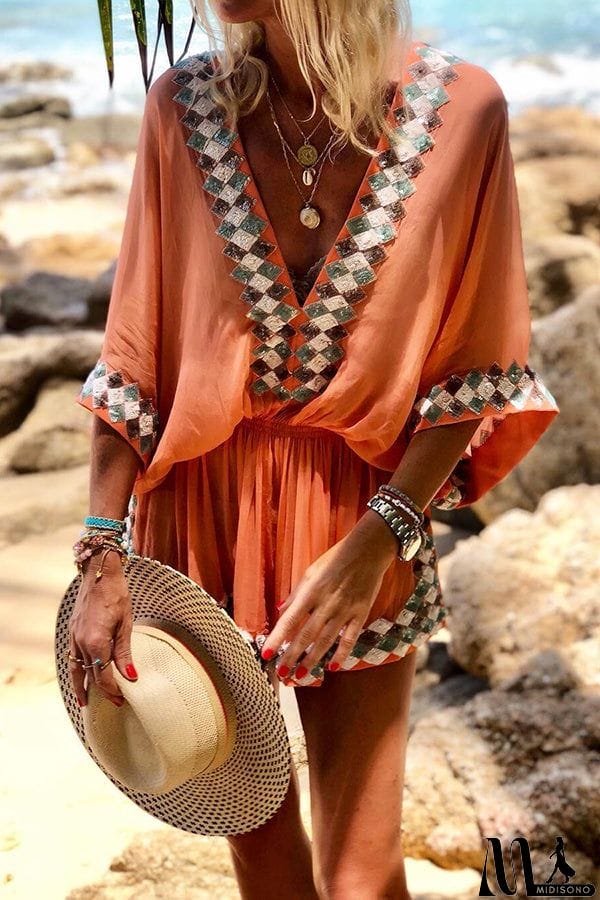 MidiSono - Print V Neck Bat Sleeve Romper