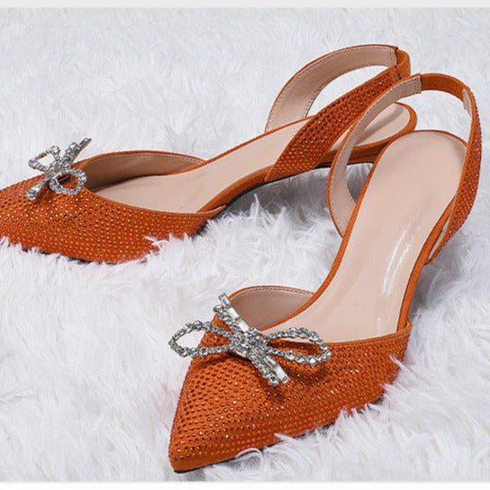 Women's rhinestone bowknot kitten heels dressy wedding pumps glitter pointed toe heels