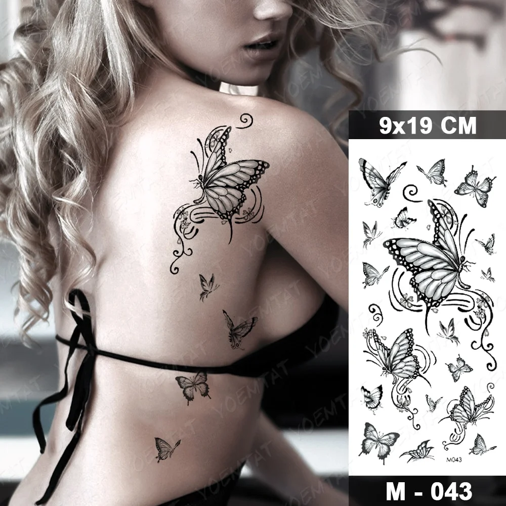 Sdrawing Temporary Tattoo Sticker Dark Butterfly Sexy Woman Back Waist Flash Tatoo Girl Body Art Fake Tatto 3D Realistic Man