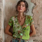 Women's Bohemian Floral Embroidery Art V-neck Contrast Color Linen Blend T-shirt - Image 6