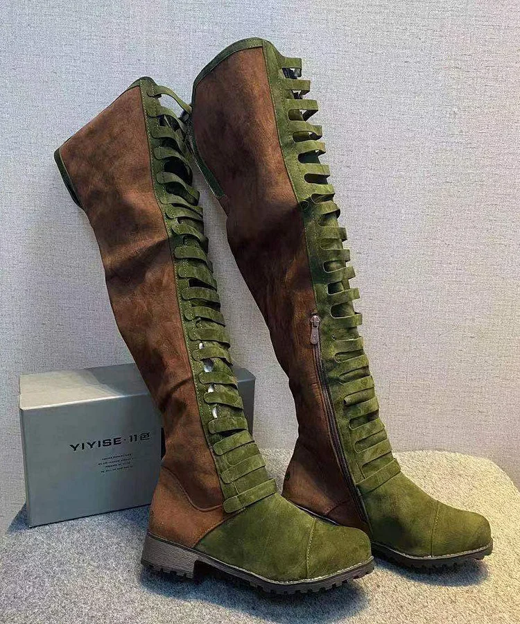 Fashion Splicing Zippered Chunky Knee Boots Green