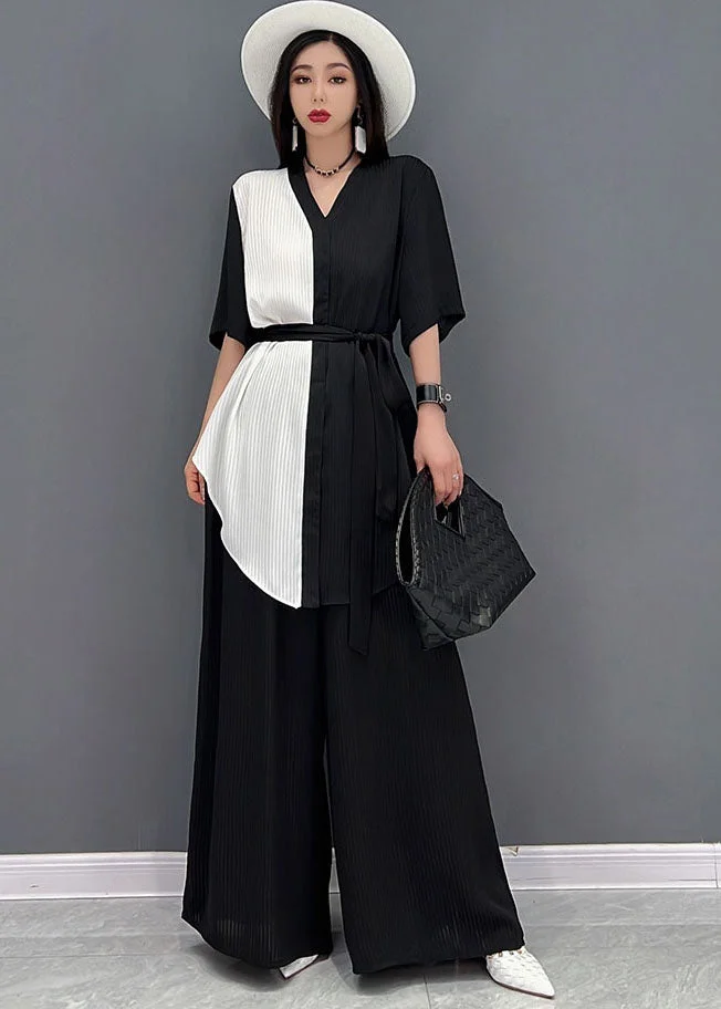 Fashion Black V Neck Patchwork Chiffon Tops And Wide Leg Pants Two Pieces Set Summer