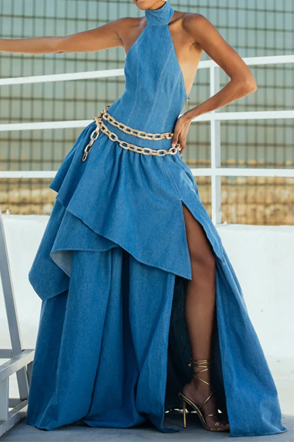 Blue Denim Romantic Irregular Tiered High Split Maxi Dress