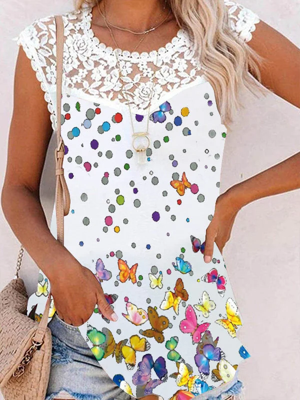Women Sleeveless Scoop Neck Floral Printed Lace Top
