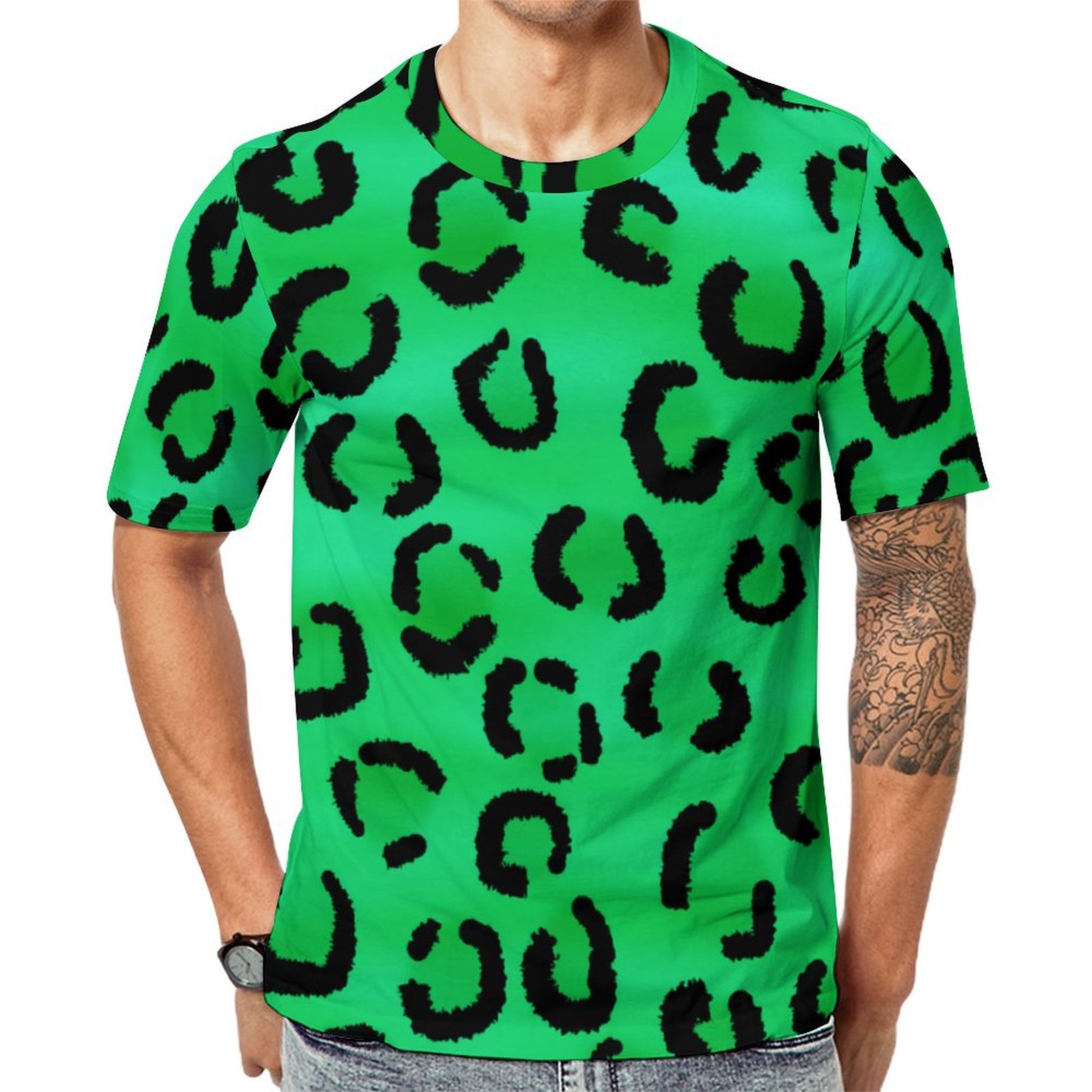 Green Emerald Color Leopard Print Short Sleeve Print Unisex Tshirt Summer Casual Tees for Men and Women Coolcoshirts