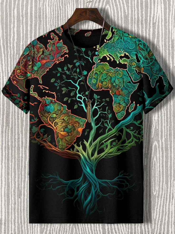 Men's World Map Tree Art Print Casual T-Shirt