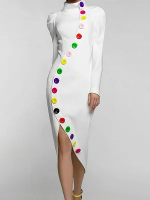 Image of Long Sleeves Buttoned Contrast Color High Neck Midi Dresses