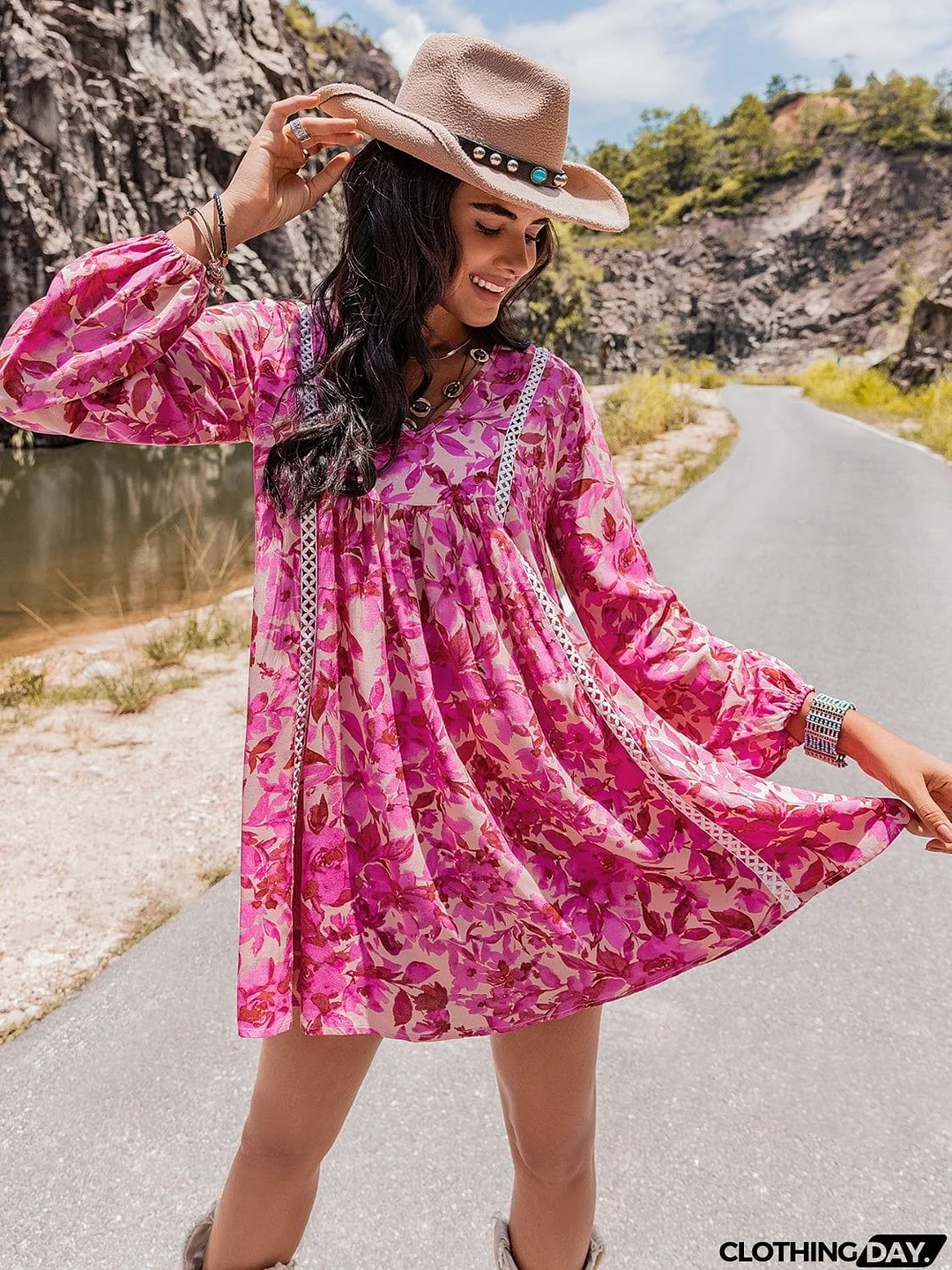 Long Sleeve V-Neck Mini Dress