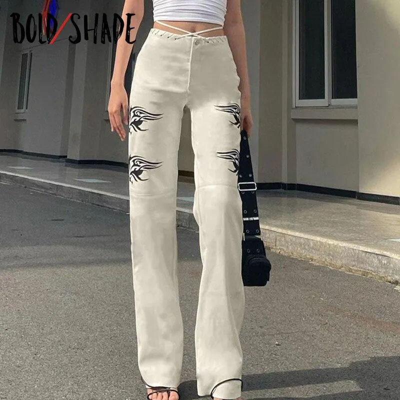 Bold Shade Street Style Retro Pants Y2K Graphic Print High Waist Straight Legs Pants Soft Grunge Fashion Indie Trousers Lace Up