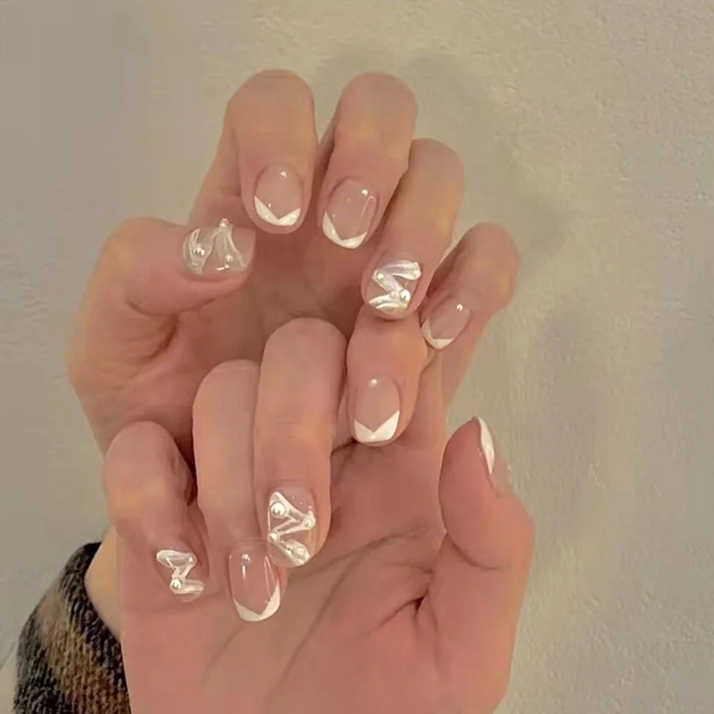 24pcs Tulip Printed Nail Patch Nude Color Wearable Artificial Fake Nails Full Cover Sweet Nude Pink Nail Tips Art Accessories-Nail Inspo