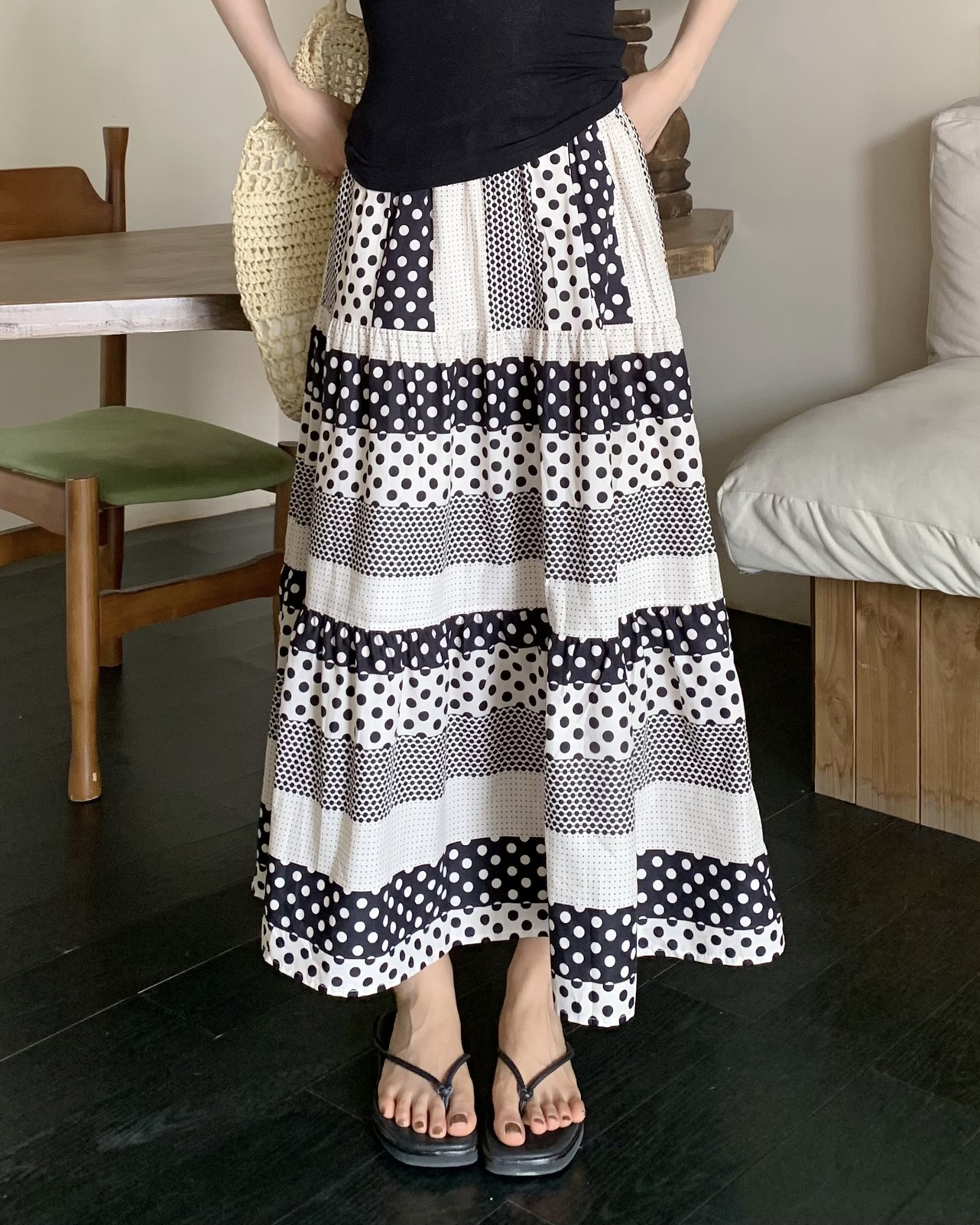 Polka Dot Patchwork Stripe Check Midi Skirt