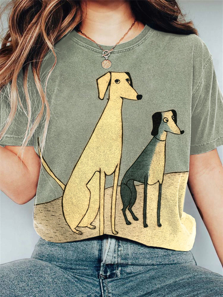 Comstylish Vintage Dogs Art Print Casual T-Shirt