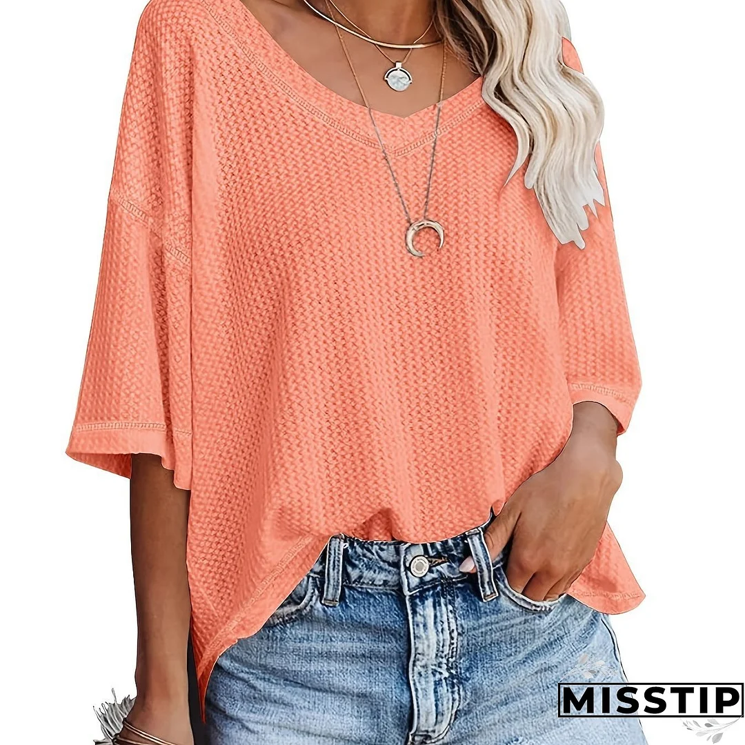 Solid Elegant V Neck T-Shirt, Drop Shoulder Casual Top For Summer & Spring, Women's Clothing