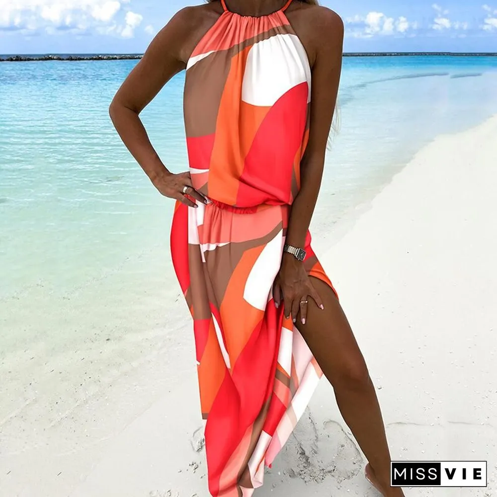 Sexy Halter Neck Off Shoulder Long Beach Dress Ladies Summer Fashion Boho Print Women