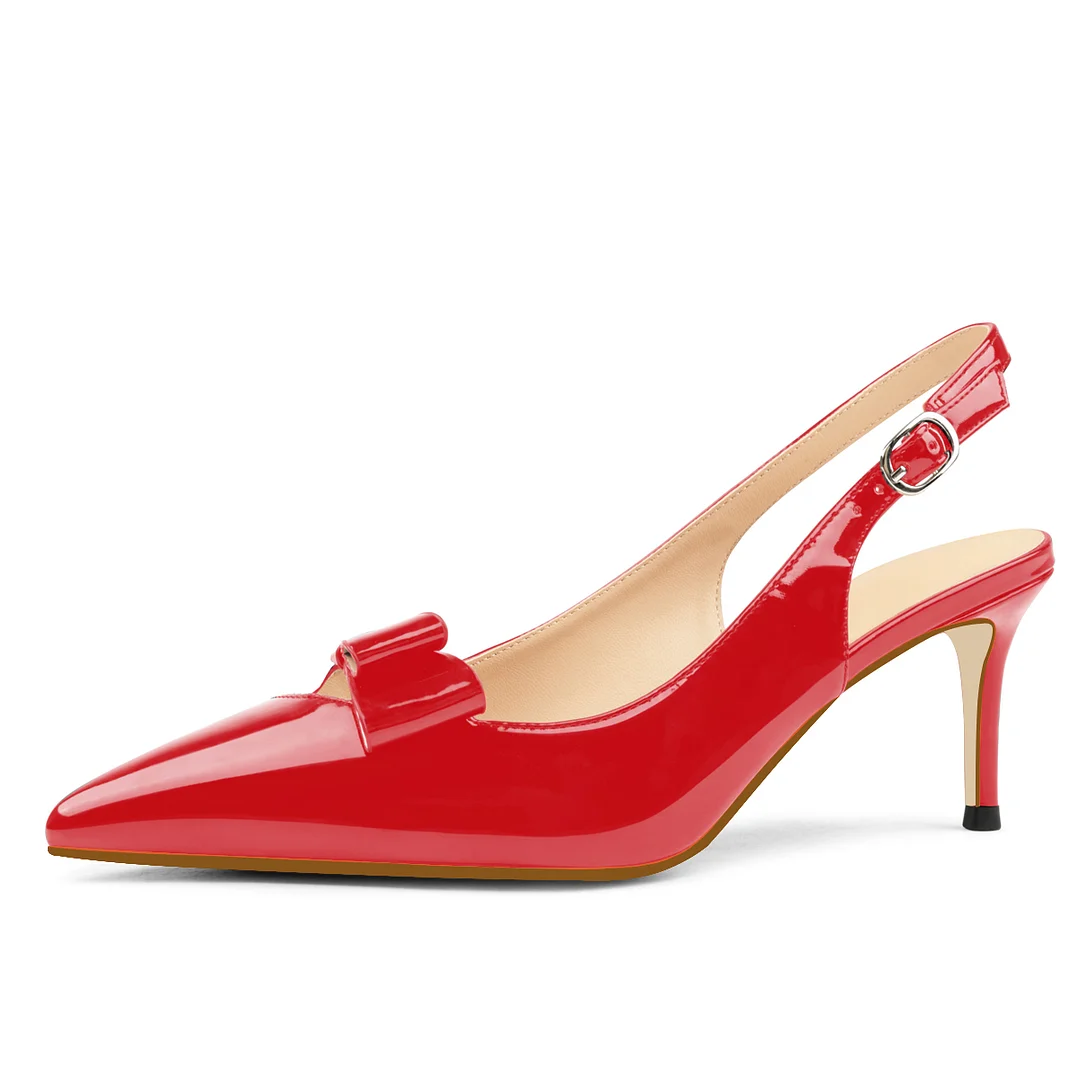 6.5cm /2.55 inch Pointed Toe Bows Slingback Buckle Pumps Kitten Patent Heels