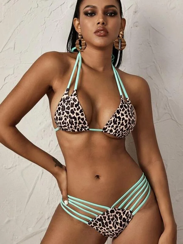 Animal Print Bandage Triangles Split Bikini Swimsuit