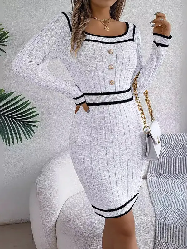 Buttoned Contrast Color Plaid Bodycon Long Sleeves Square-Neck Sweater Dresses Mini Dresses