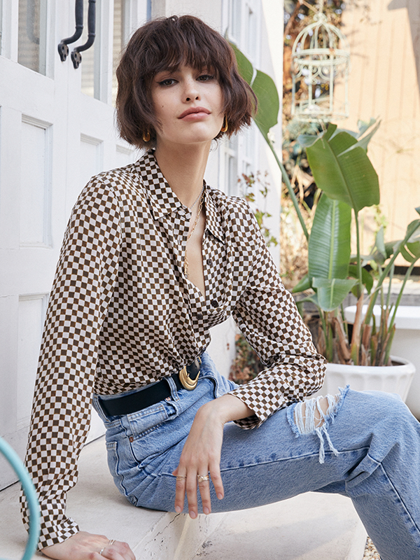 Silk Blouse Simple Checkerboard Print