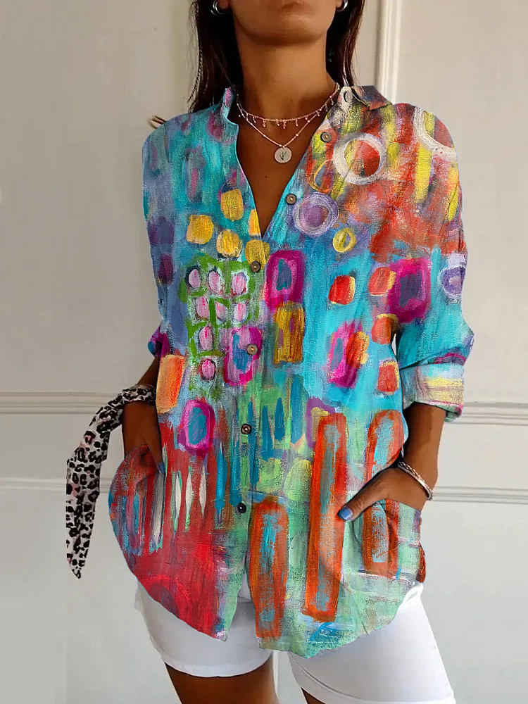 Vintage Multicolor Abstract Print Long Sleeve Shirt