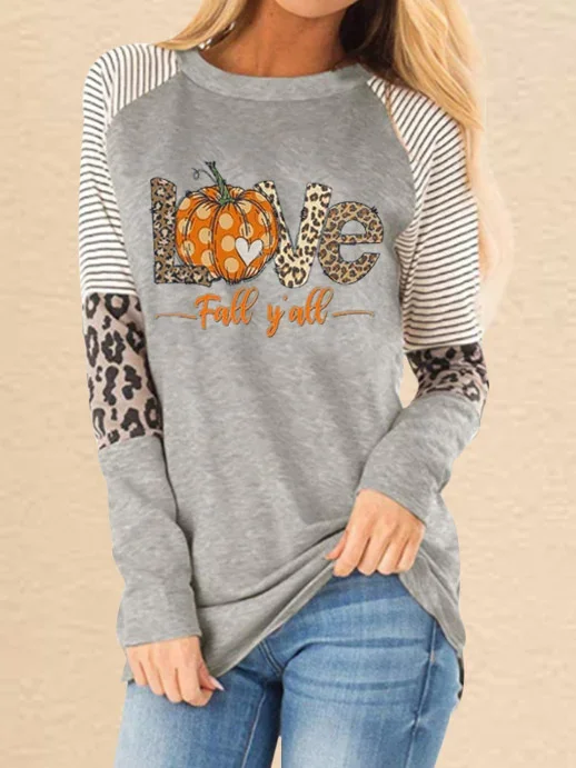 Vefave Women's Halloween Love Fall Yall Leopard Patchwork Print Casual Long Sleeve T Shirt