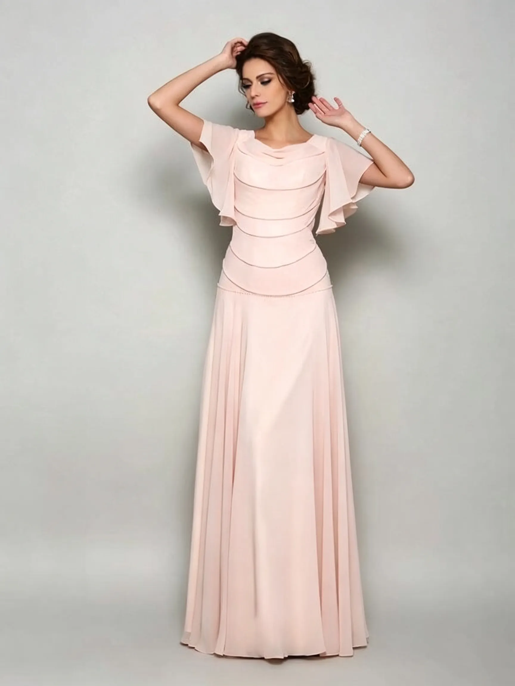 Daisda Chiffon Square Neck Short Sleeves Long A-Line Mother Of The Bride Dress With Pleated