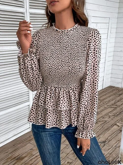 Printed Round Neck Smocked Flounce Sleeve T-Shirt