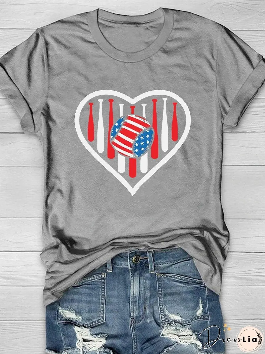 4th Of July Heart Baseball Print Short Sleeve T-Shirt