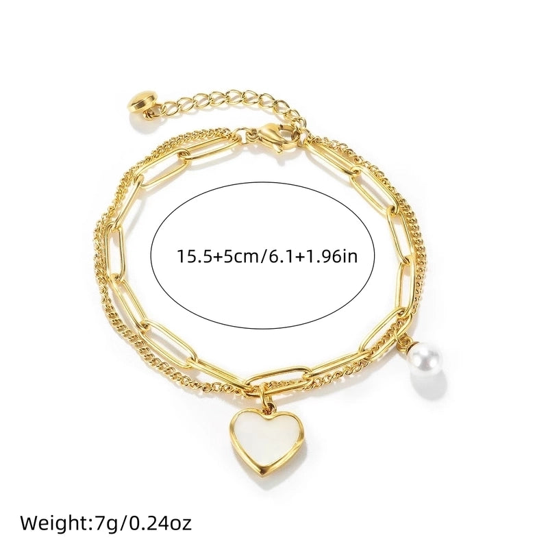 Casual Minimalist Heart Shape Titanium Steel 18K Gold Plated Artificial Pearls Shell Paperclip Chain Bracelets In Bulk