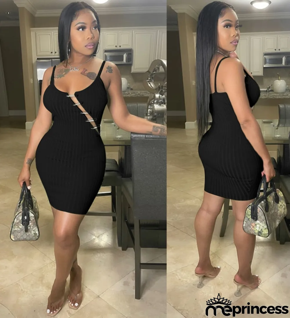 Summer Black Sexy Ribbed Strap Mini Dress