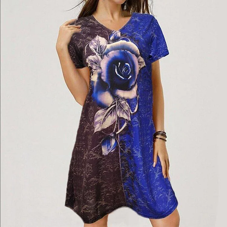 Rose Flower Print Short Sleeve V-Neck Dress-Mayoulove