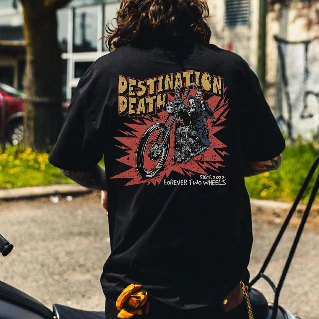 DESTINATION DEATH Skull Riding Black Print T-Shirt