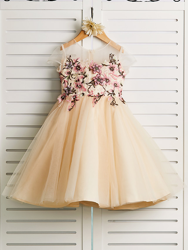 Bellasprom Cap Sleeve Jewel Knee Length Flower Girl Dress Satin Tulle Neck With Embroidery Bellasprom