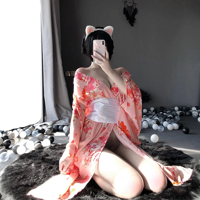 OJBK Japanese Kawaii Pink Kimono White Bow-Knot Waistband Thong Sexy Lingerie Cosplay Costumes Woman Yukata Robe With Obi Belt