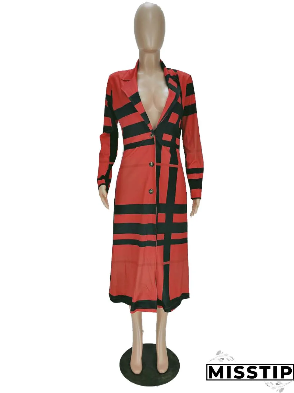 Women's Plaid Print Long-sleeved Lapel Long Coat