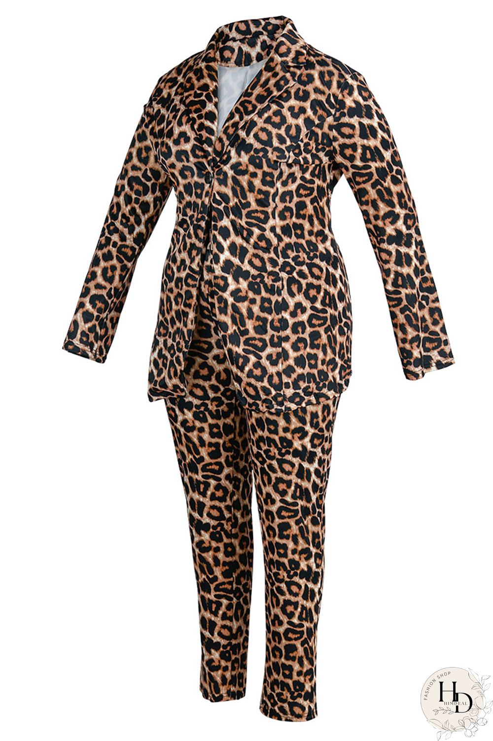 Turquoise Fashion Casual Print Cardigan Pants Turndown Collar Plus Size Two Pieces