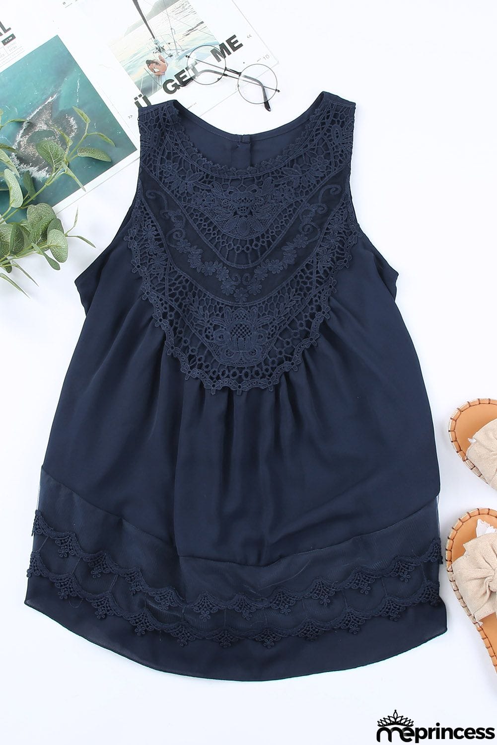 Lace Detail Buttons Back Sleeveless Top