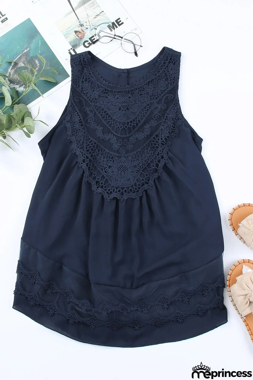 Lace Detail Buttons Back Sleeveless Top