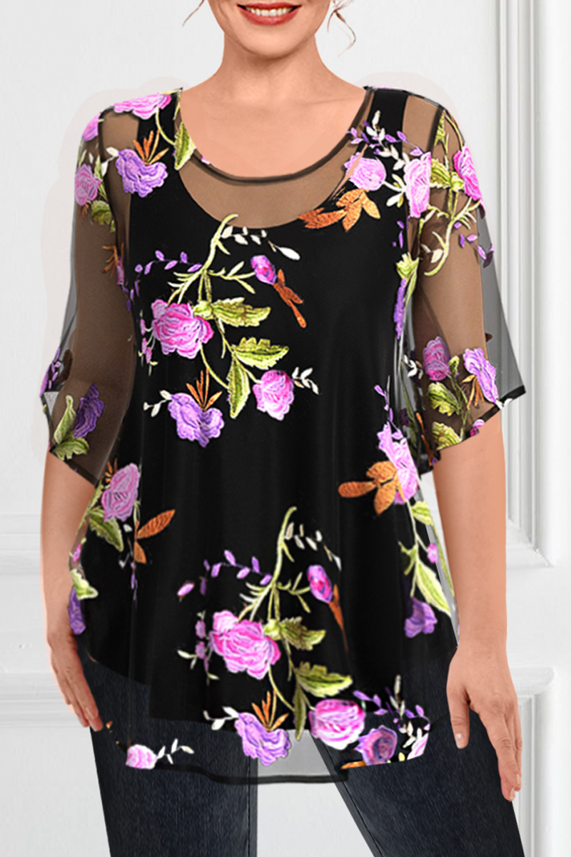 Flycurvy Plus Size Dressy Black Chiffon See-Through Floral Print Two Pieces Blouse