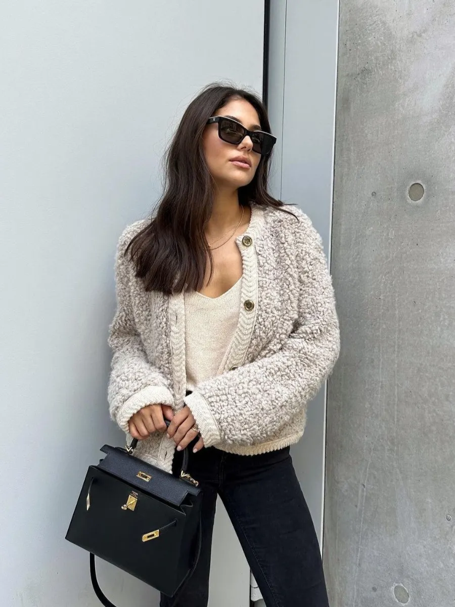 Nigikala Nigikala Autumn And Winter New Women's Pure Color Small Fragrant Knitted Shirt Short Hair Coat B62822