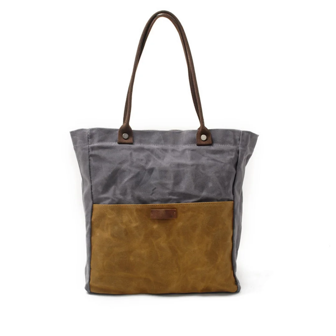 Oil Wax Canvas Handbag Simple Waterproof Tote Bag Retro Contrast Color Shoulder Bag Portable Shopping Bag