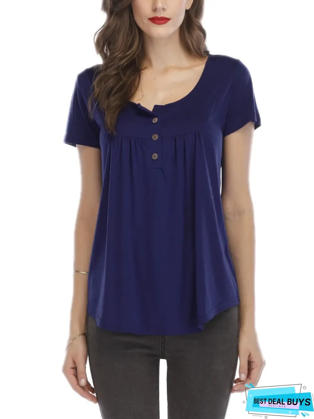 New Women's Pleated Button Loose Short Sleeve T-Shirt