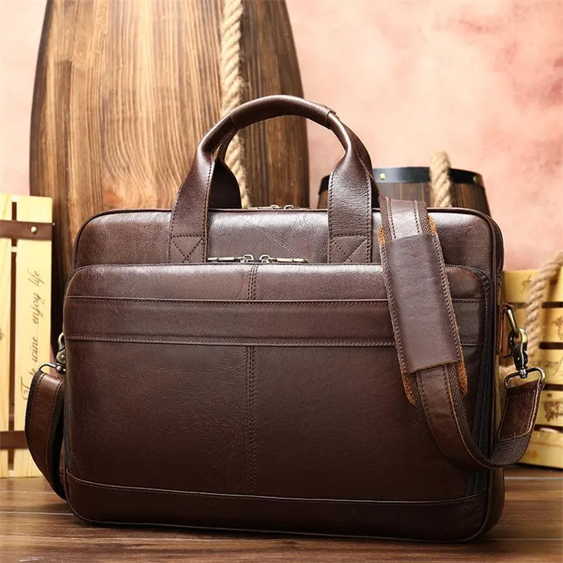 Casual Business Solid Color Handbag 15.6-Inch Computer Bag Leather Crossbody Bag